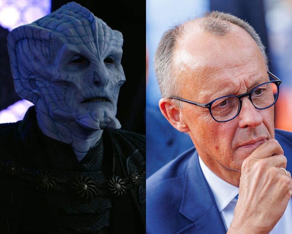 Aan de ene kant de fictieve Korin uit The Orville en aan de andere kant bondskanselier Merz van Duitsland